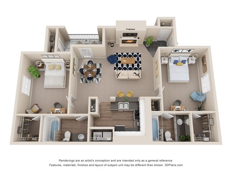 Floor plan for 2 beds, 2 baths, 1132 sqft